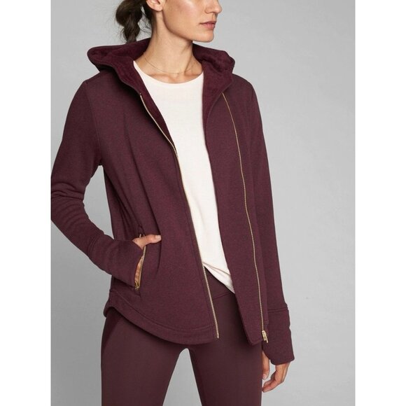 Athleta Easy Cozy Karma Jacket S Hoodie Burgundy Heather Gold Zip Fleece EUC - Picture 1 of 7